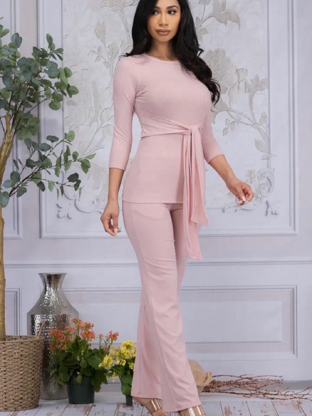 Women's Pink Ribbed Two-Piece Lounge Set - Picture 2 of 2